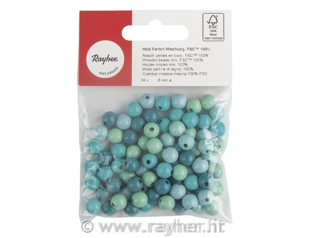Misto perline di legno, 8mm tonalita turchese, lucide, bus.blis. 84pz