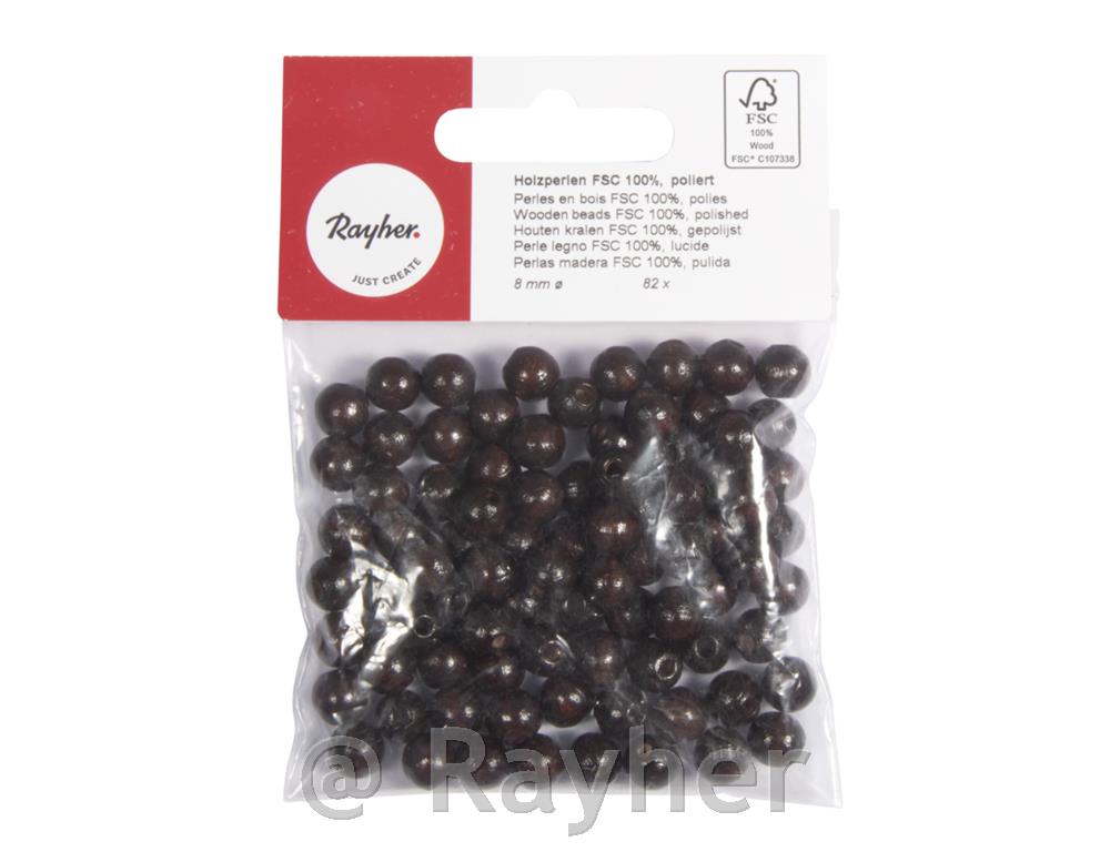 Perle legno FSC 100%, lucidate, 8mm o, busta 115pzmarrone scuro
