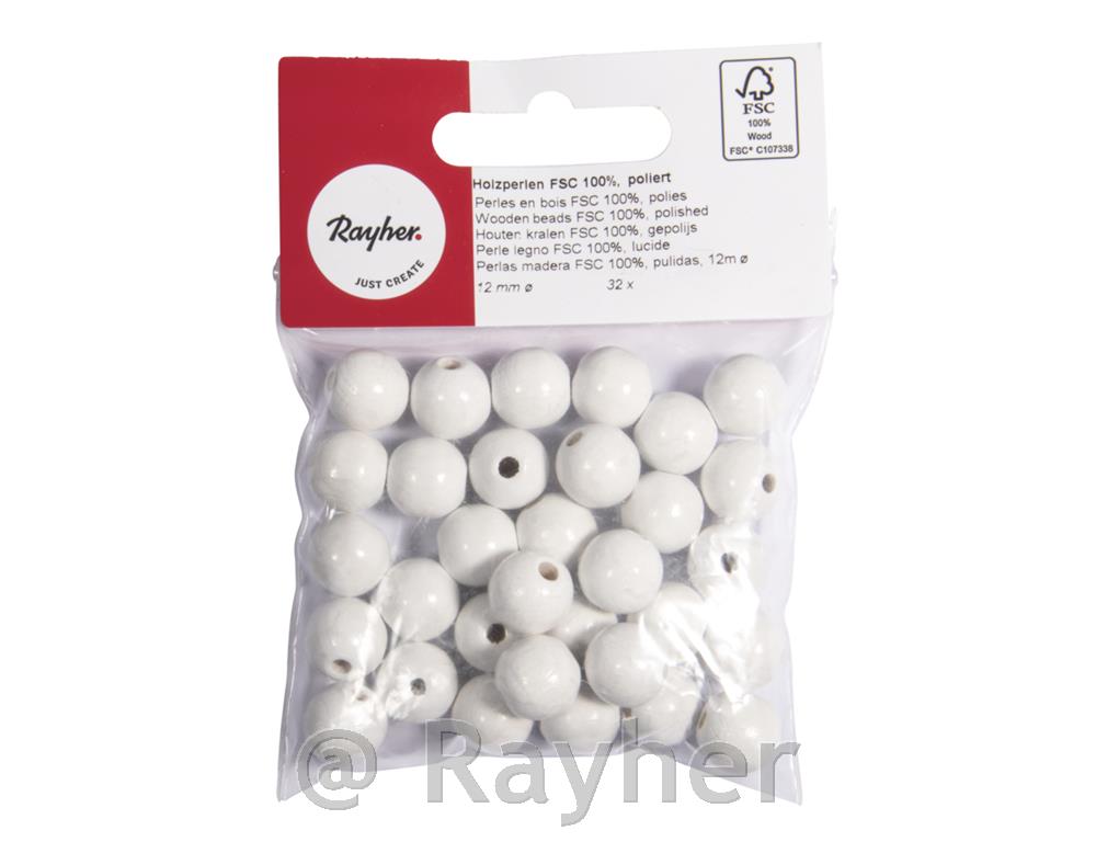 Perle legno FSC 100%, lucidate, 12mm o, busta 52pzbianco