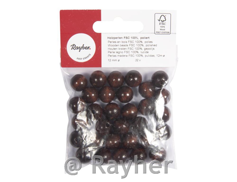 Perle legno FSC 100%, lucidate, 12mm o, busta 52pzmarrone scuro