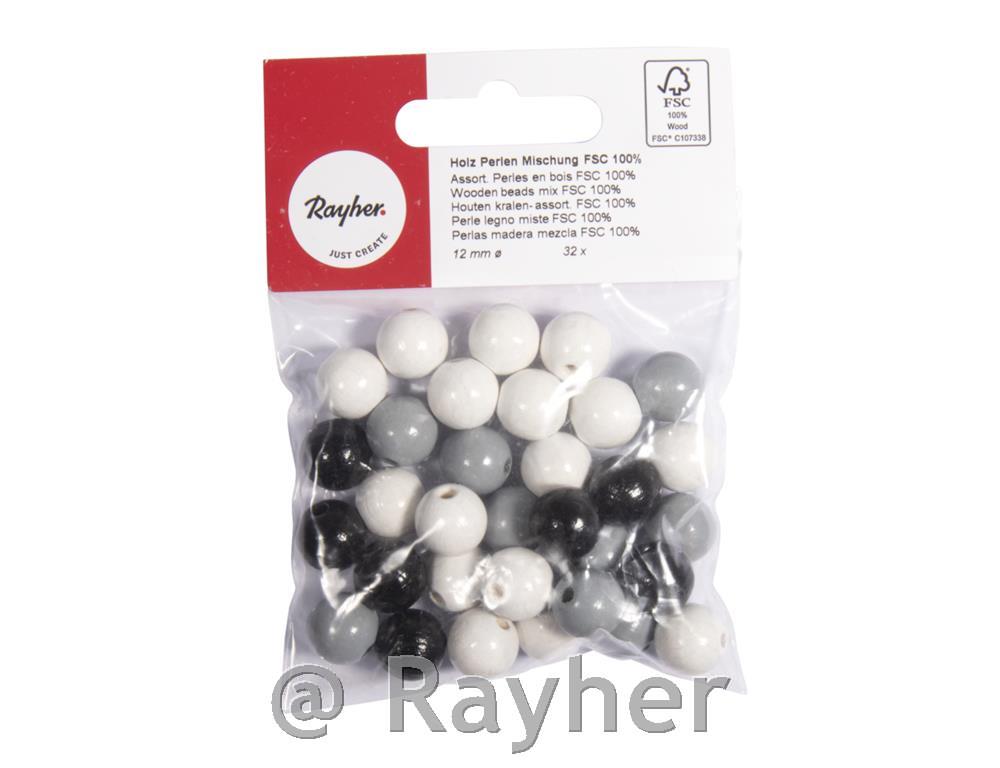 Perle lesene, pološčene, 12mm, črno beli toni, 32 kosov