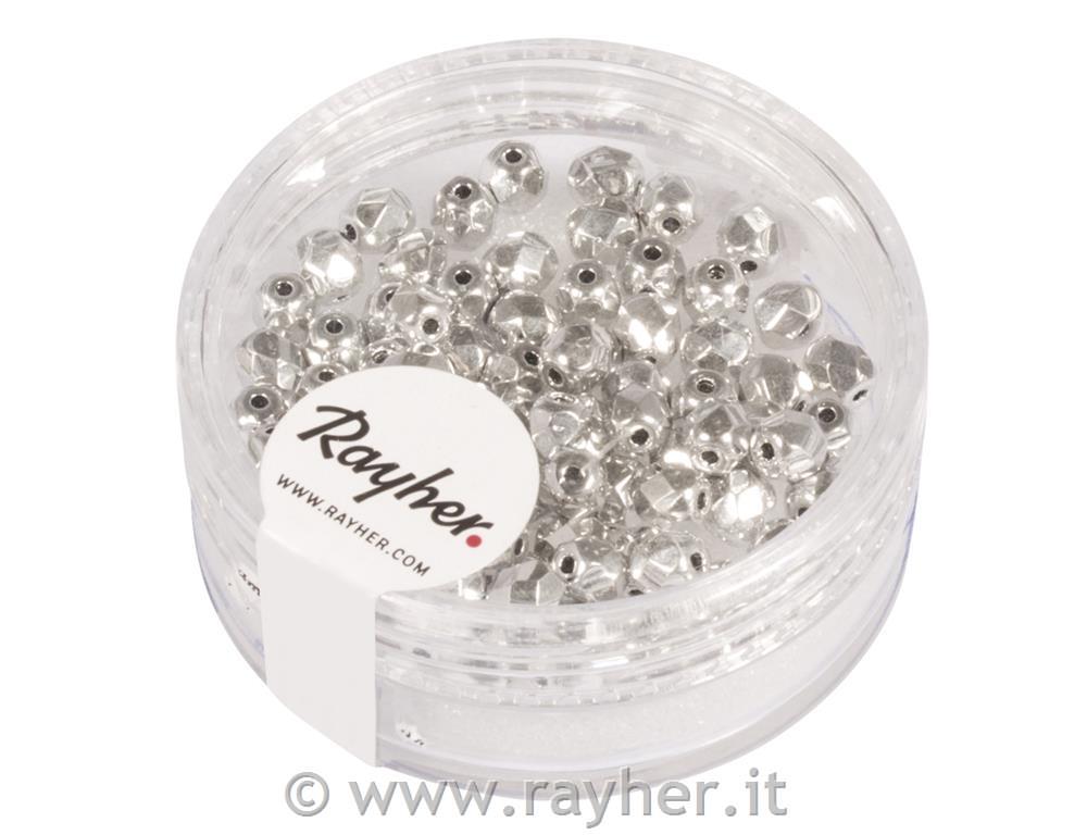 Perla sfaccettata vetro, 4mm o, argentoopaco, scatolina 100pz