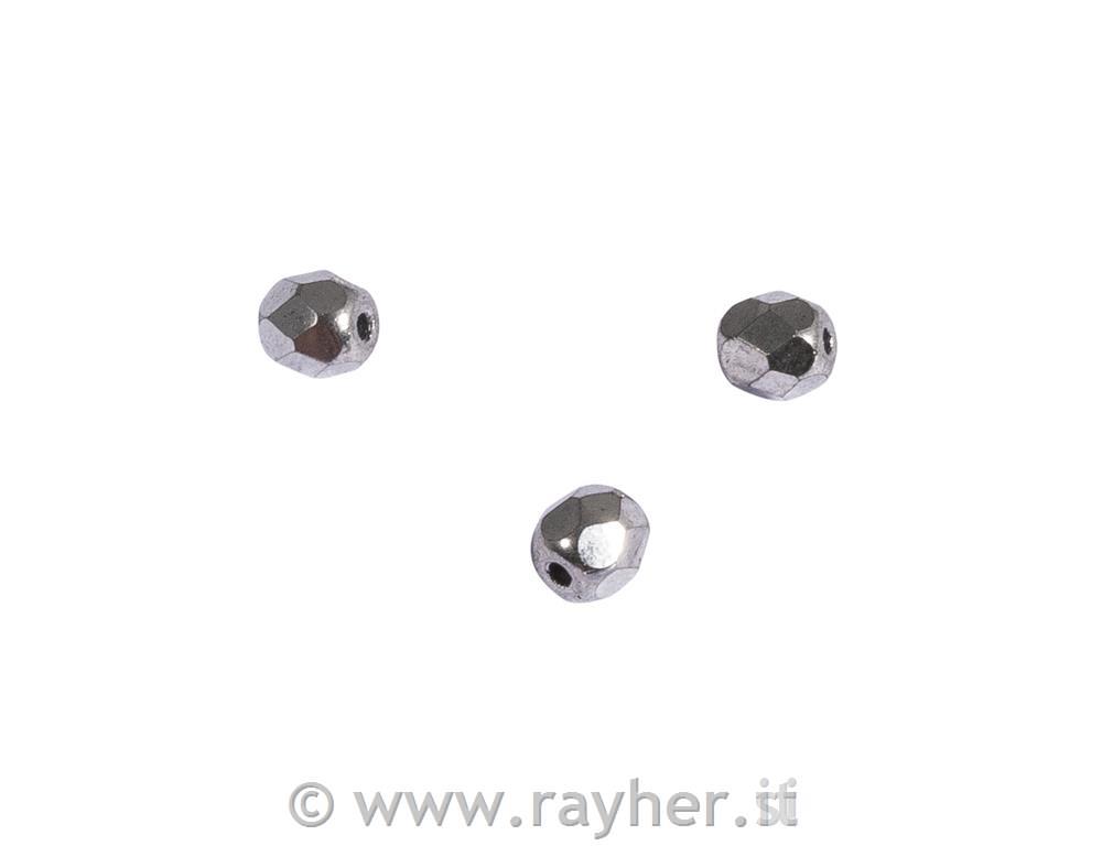 Perla sfaccettata vetro, 4mm o, argentoopaco, scatolina 100pz