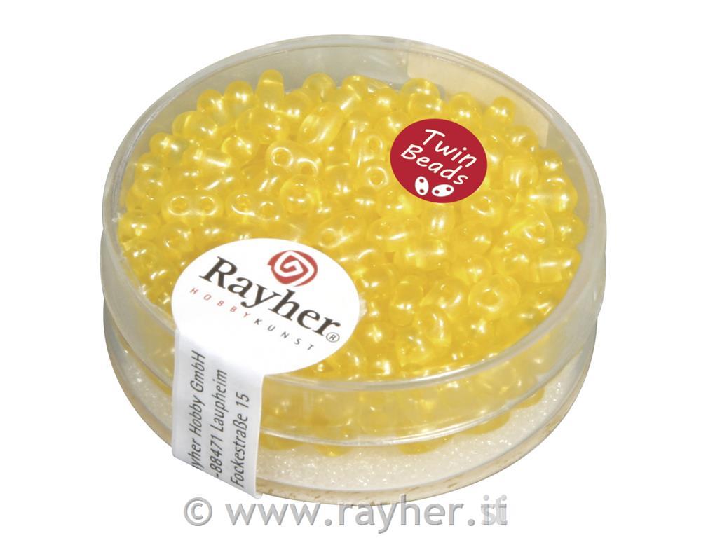 Twin-Rocailles c. foro doppio2,5x5mm, trasp.eff.perla, scat. 14ggiallo sole