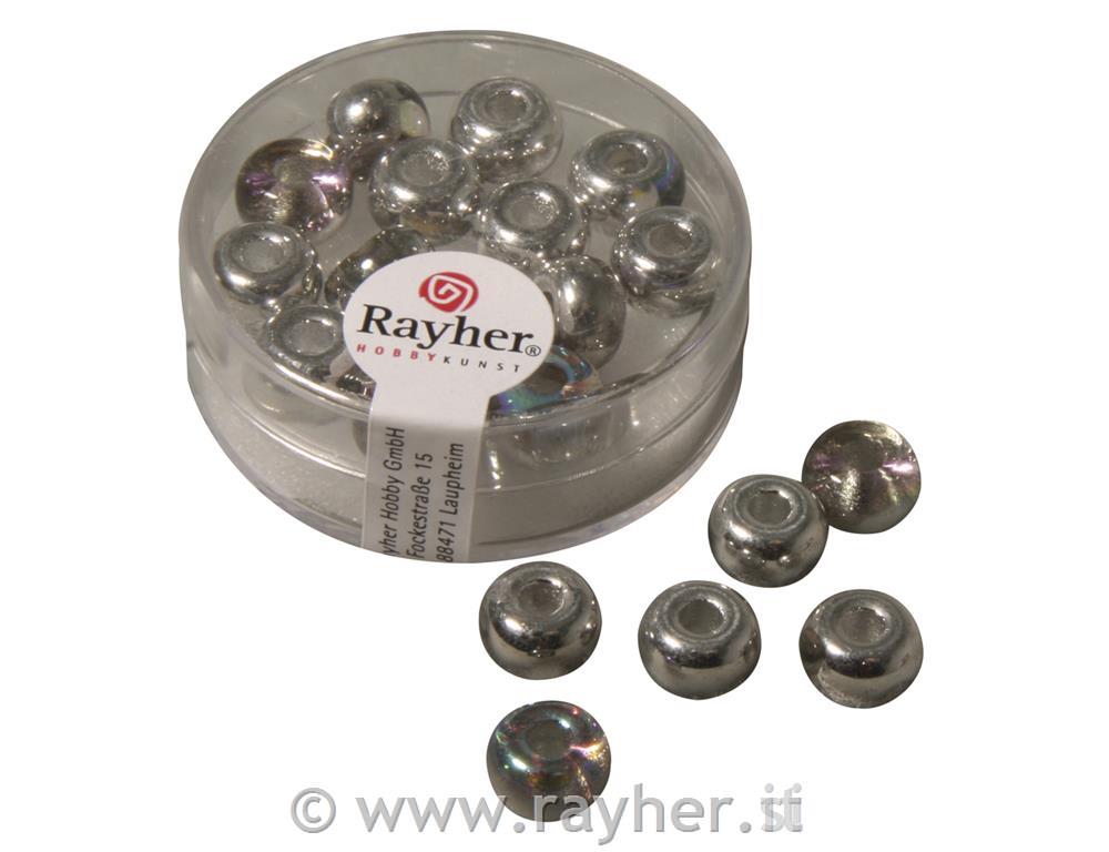 Gl. bead w. big hole,transp.metal.9mm ,silver iridescending, hole 3mm, box 14p