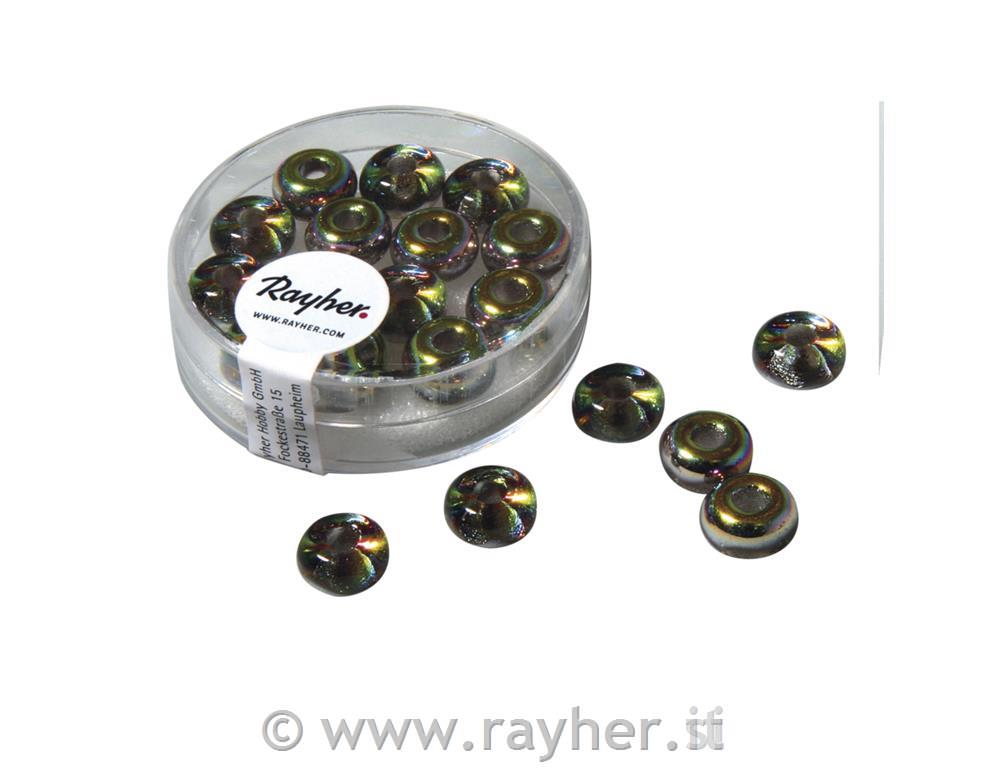 Gl. bead w. big hole,transp.metal.9mm ,rainbow, hole 3mm, box 14pc