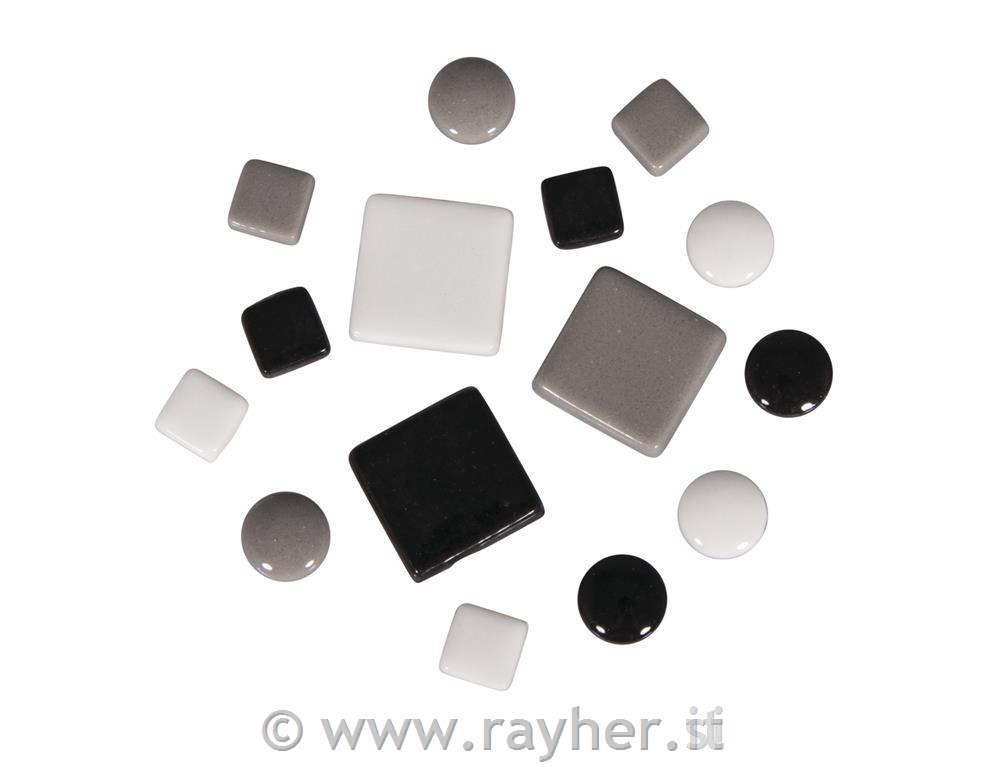 Mosaico misto (ca. 395 pz)10x10mm, 20x20mm, o 12mm, barattolo 500gtonalita nero/bianco