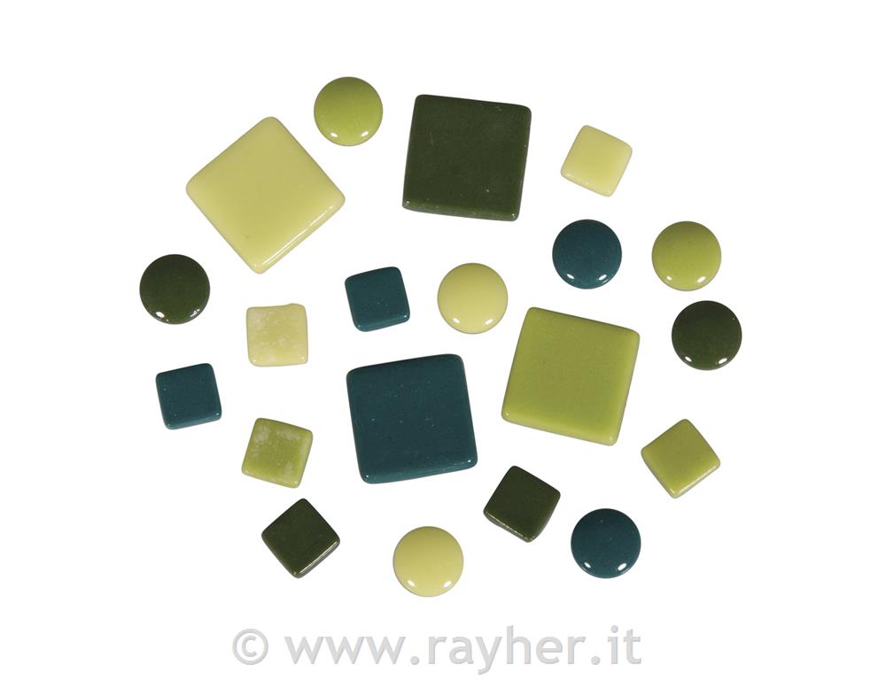 Mosaico misto (ca. 395 pz)10x10mm, 20x20mm, o 12mm, barattolo 500gtonalitá verde