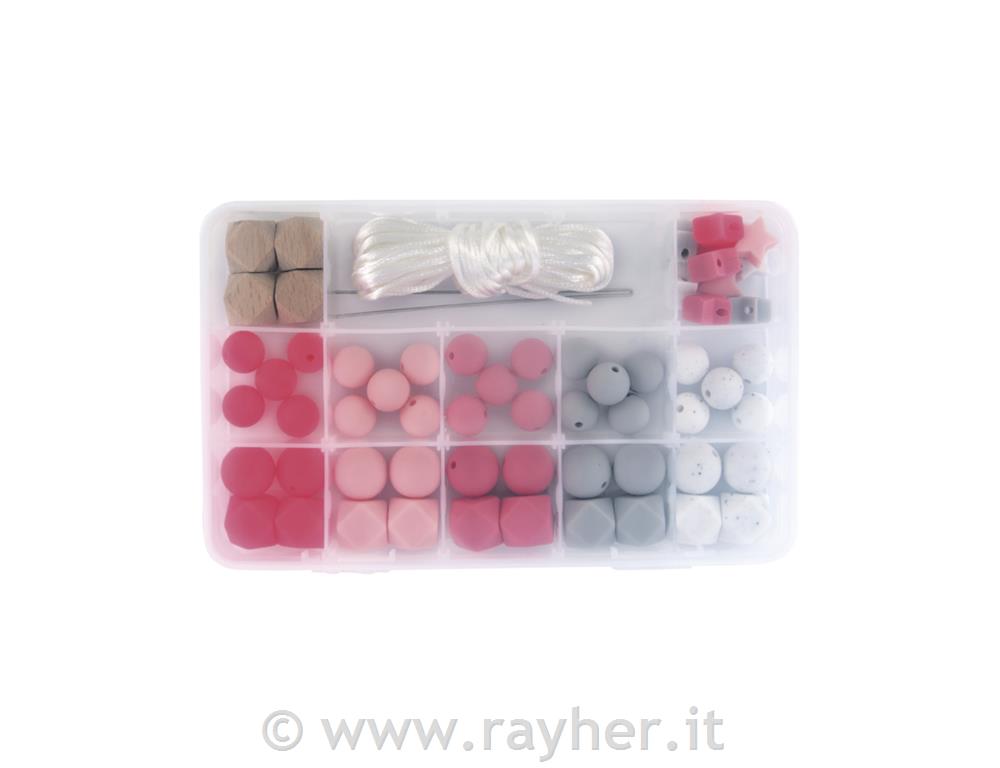 Silicone beads boxpale-pink61-piece, incl.thread string, box
