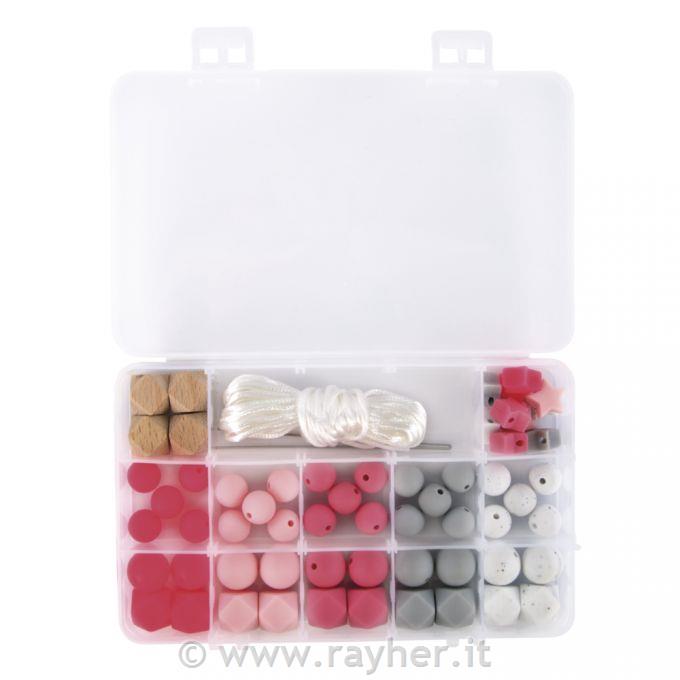 Silicone beads boxpale-pink61-piece, incl.thread string, box