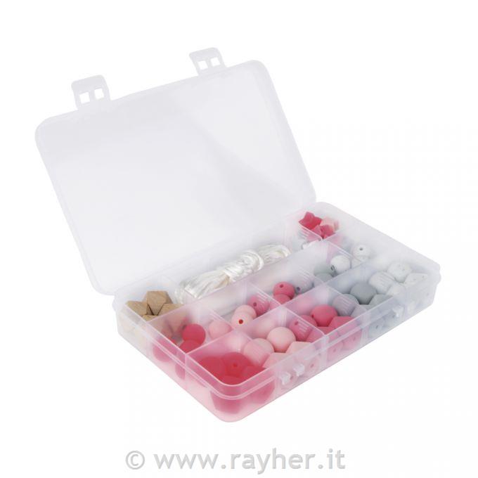 Silicone beads boxpale-pink61-piece, incl.thread string, box
