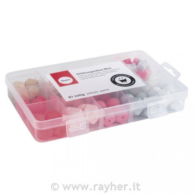 Silicone beads boxpale-pink61-piece, incl.thread string, box