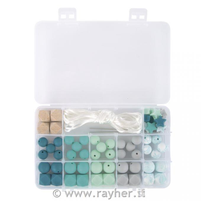 Silicone beads boxmint green61-piece, incl.thread string, box