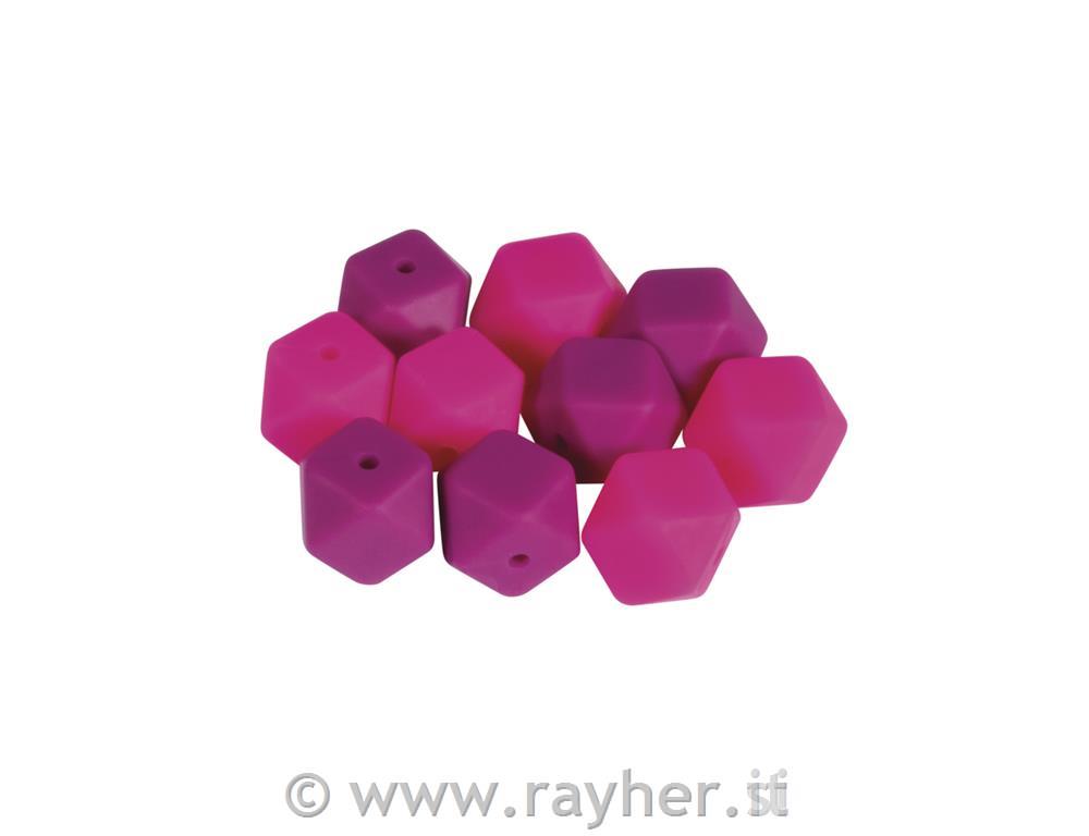Perle silicone esagonali, 14mm , tonalita fucsia, bus.blis. 10pz