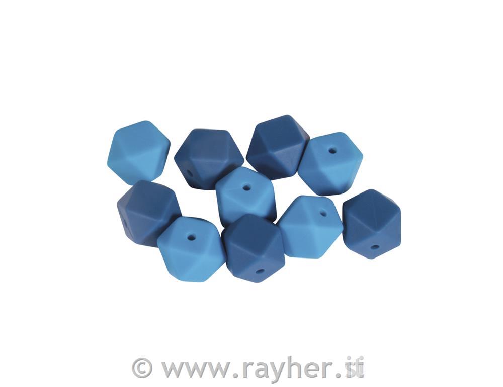 Perle silicone esagonali, 14mm , tonalita blu, bus.blis. 10pz