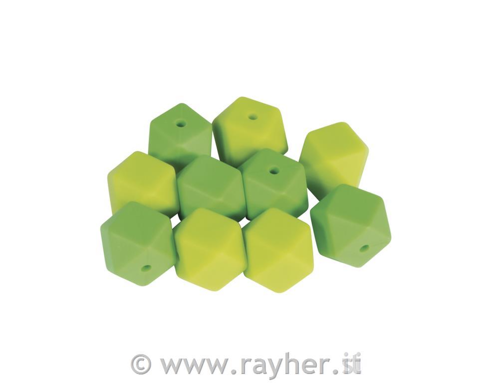 Perle silicone esagonali, 14mm , tonalita verde, bus.blis. 10pz