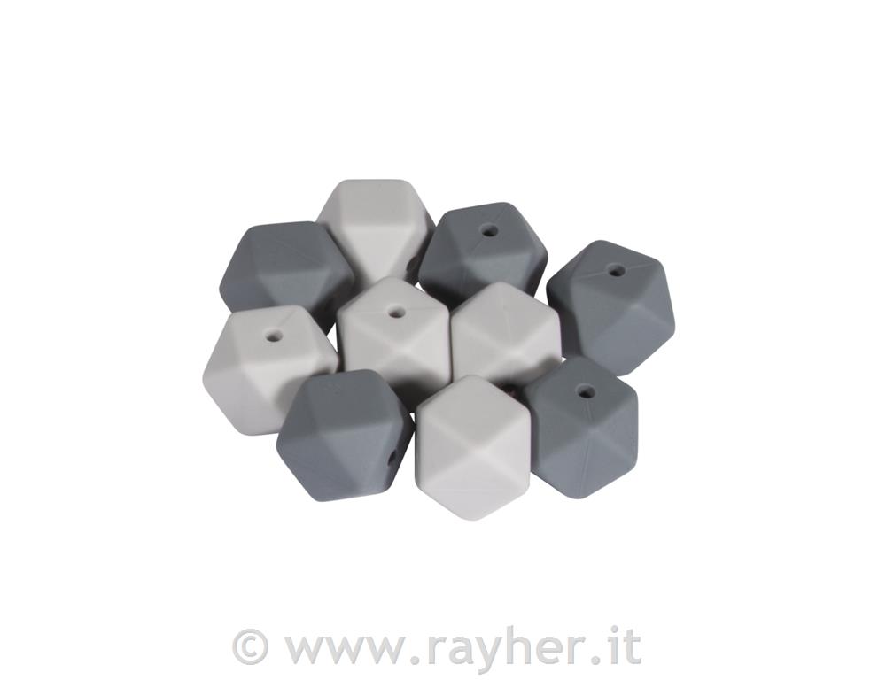 Perle silicone esagonali, 14mm , tonalita grigio, bus.blis. 10pz
