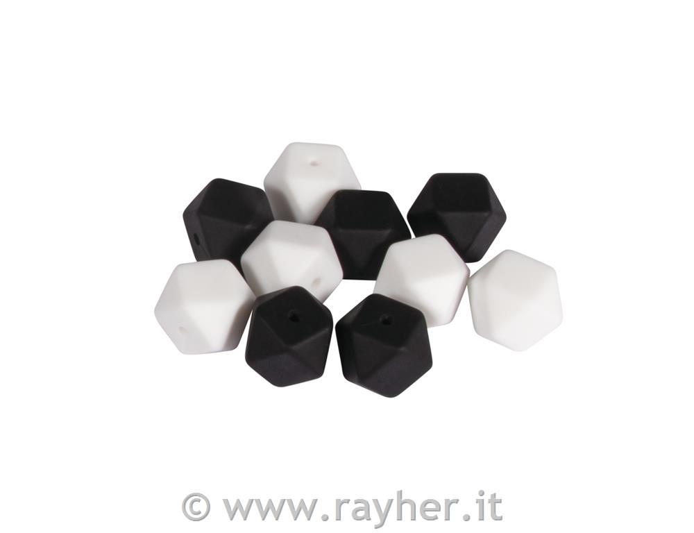 Silicone beads Hexagon, 14mm oblack & white shadestab-bag 10pcs