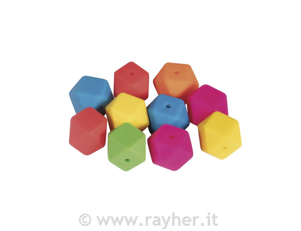 Perle silicone esagonali, 14mm , colorimisti, bus.blis. 10pz