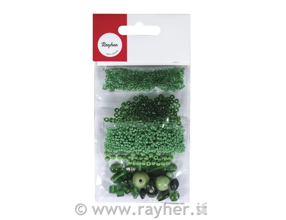 Perle di vetro "Mix", verde foglia, 40g