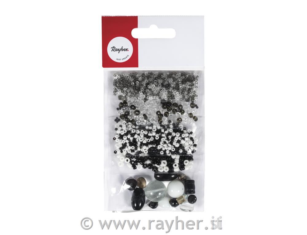 Perle di vetro "Mix", bianco-nere, 40g