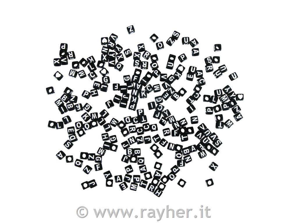 Plastic-letters-beadsblack5x5mm, tab-blister 40g