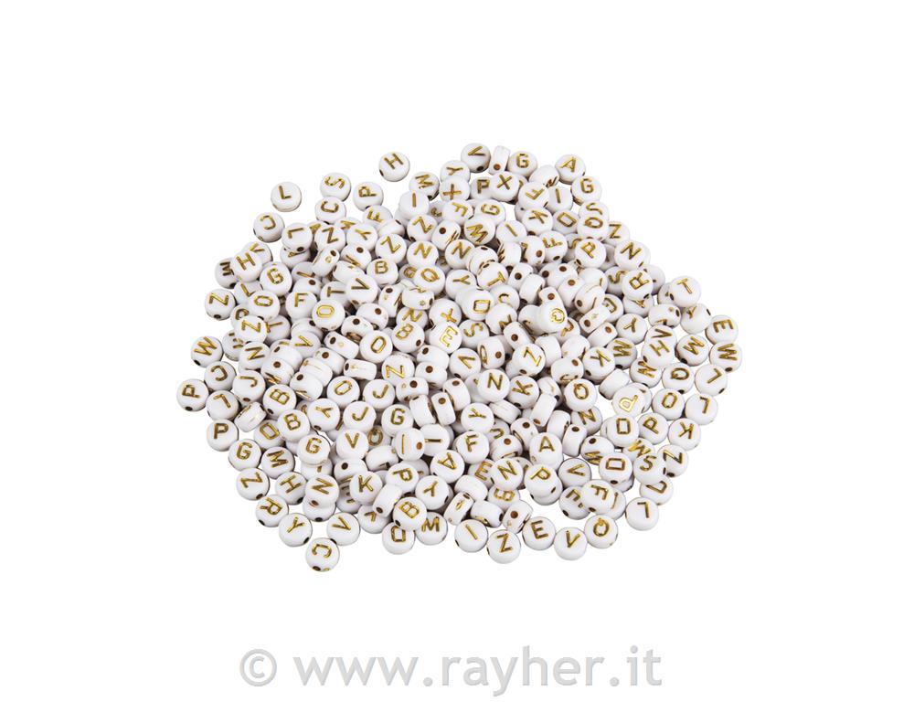 Perle lettere, 6mm, oro, rotonde, 40g