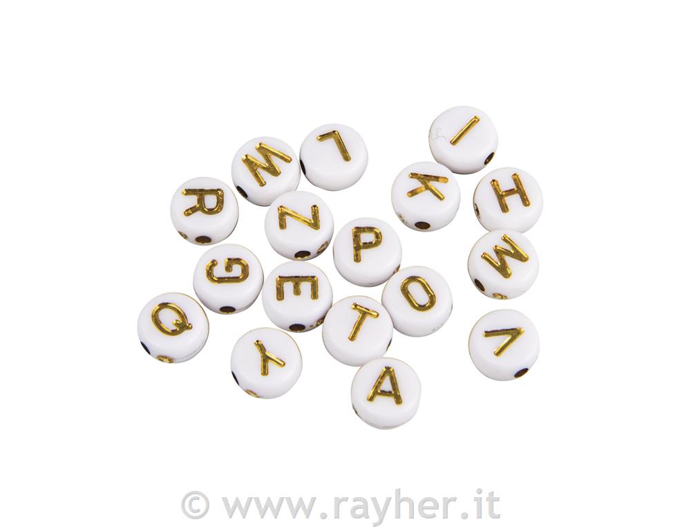 Perle lettere, 6mm, oro, rotonde, 40g