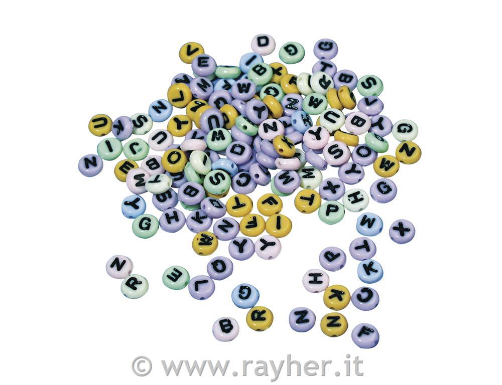 Perle di plastica con lettere, tonde8 mm, cartonc.blister 40gassortiti