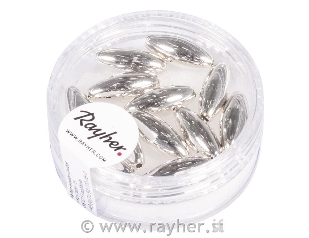 Perle plastične olive, 6x14 mm, srebrne, 12 kom.