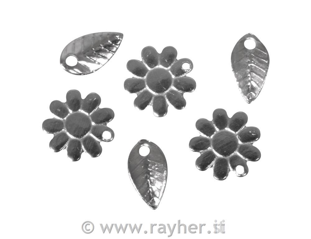 Delček kovinski za nakit: list + cvet, srebrn, 7mm, luknja 1