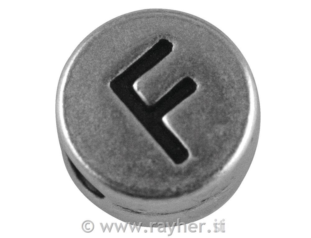 Perla metallo "F", 7mm oforo 2mm o, sfusoargento