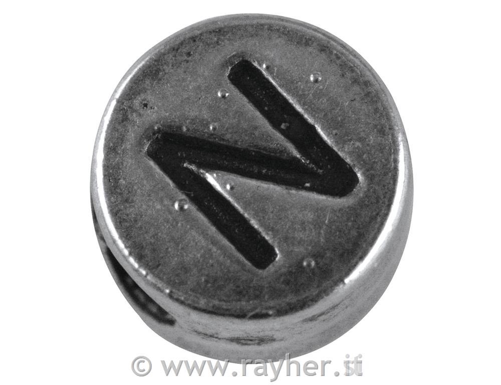 Perla kovinska črka "N", bn, srebrna, o 7 mm, hole 2 mm