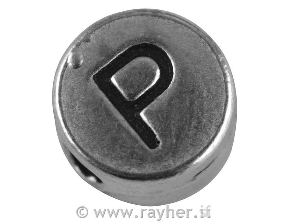 Perla metallo "P", 7mm oforo 2mm o, sfusoargento