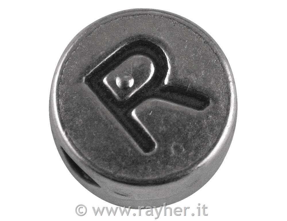 Perla metallo "R", 7mm oforo 2mm o, sfusoargento