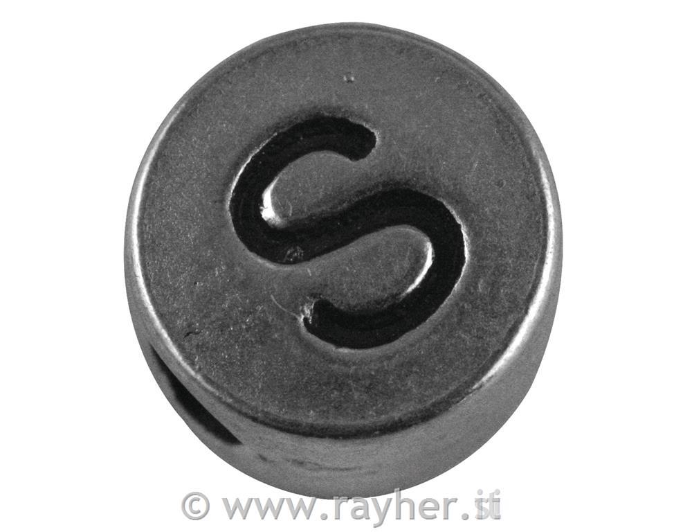 Metal bead "S", silver, o 7 mm, hole 2 m