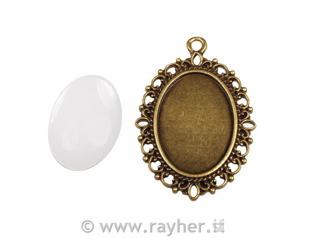 Medaljon z deko robom+steklo, 2.9x3.7cm, staro zlato, oval