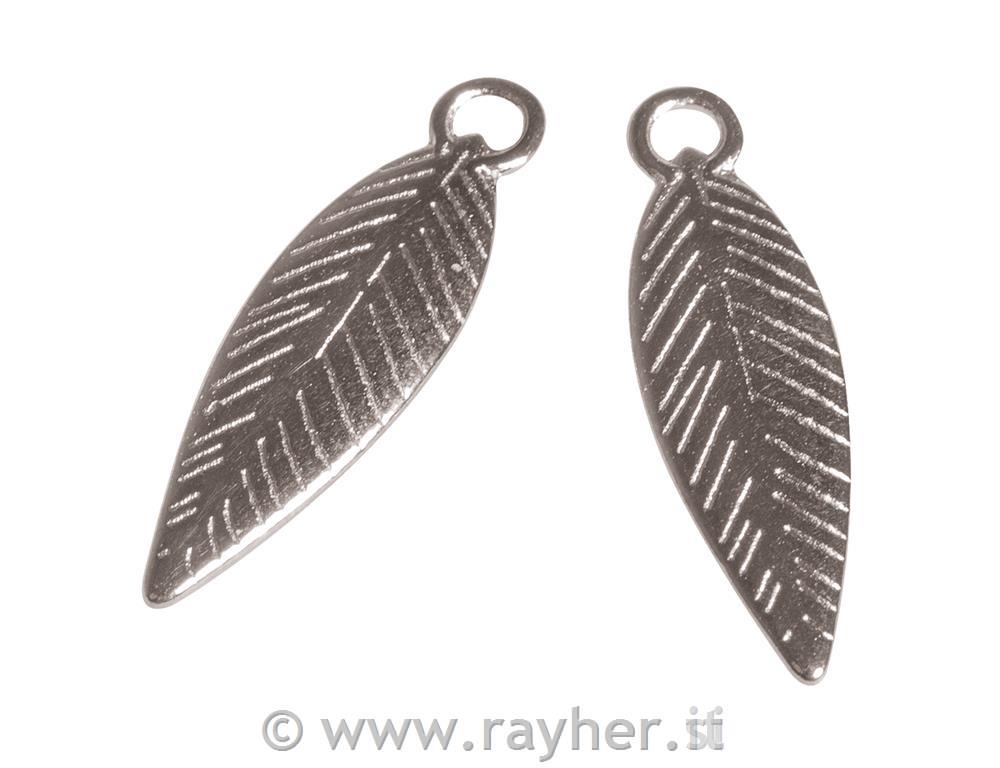 Ciondolo metallo piuma21mm, occhiello 1,5mm o, bus.blis. 3pzargento antico