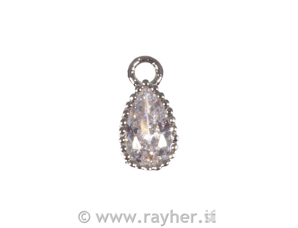 Ciondolino metallo strass gocce, argento, 4,5x6,5mm, bus.blis. 2pz