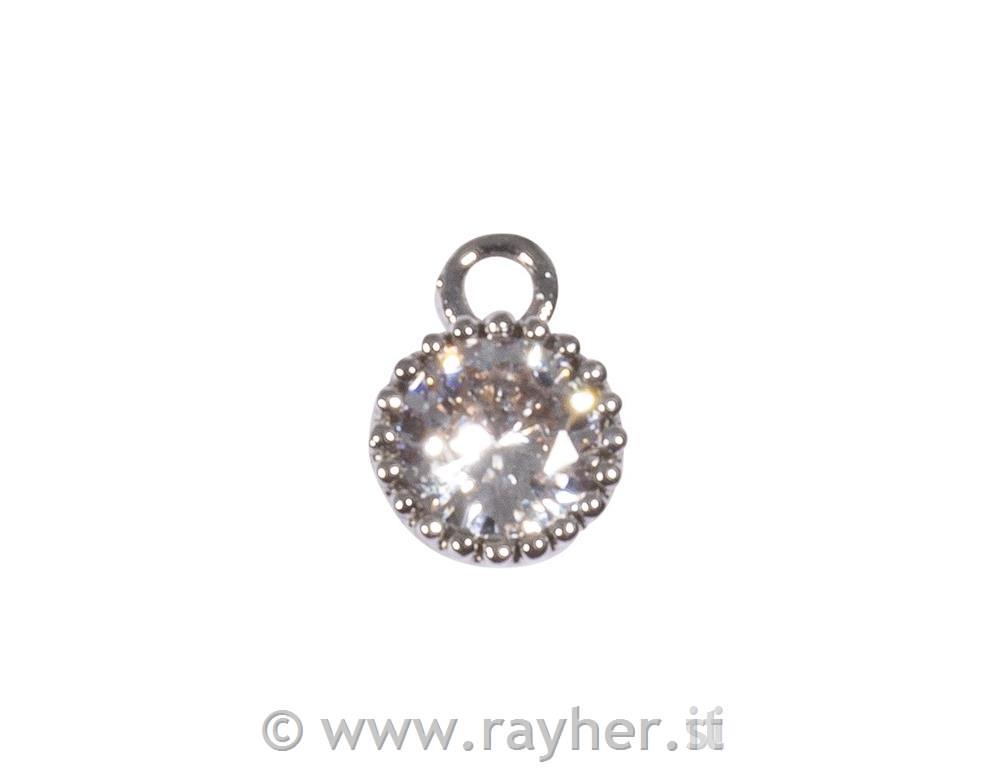Ciondolino metallo strass tondo, 7mm o,argento, bus.blis. 2pz