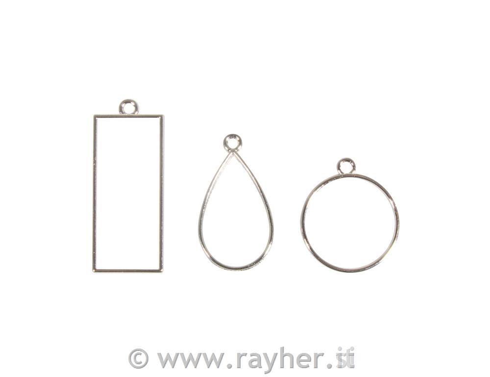 Montatura metallo: ciondolo, argento, rettangolo, gocce & tondo, bus.blis. 3pz