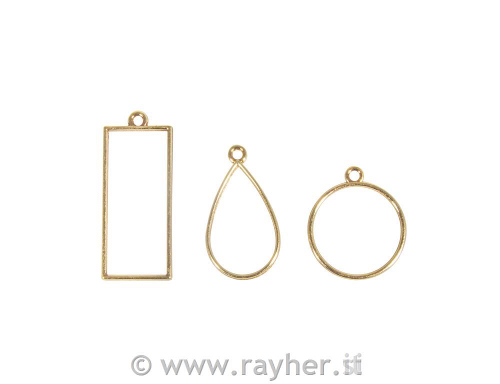 Metallic bezel: PendantRectangle, drop & round, tab-bag 3pcgold