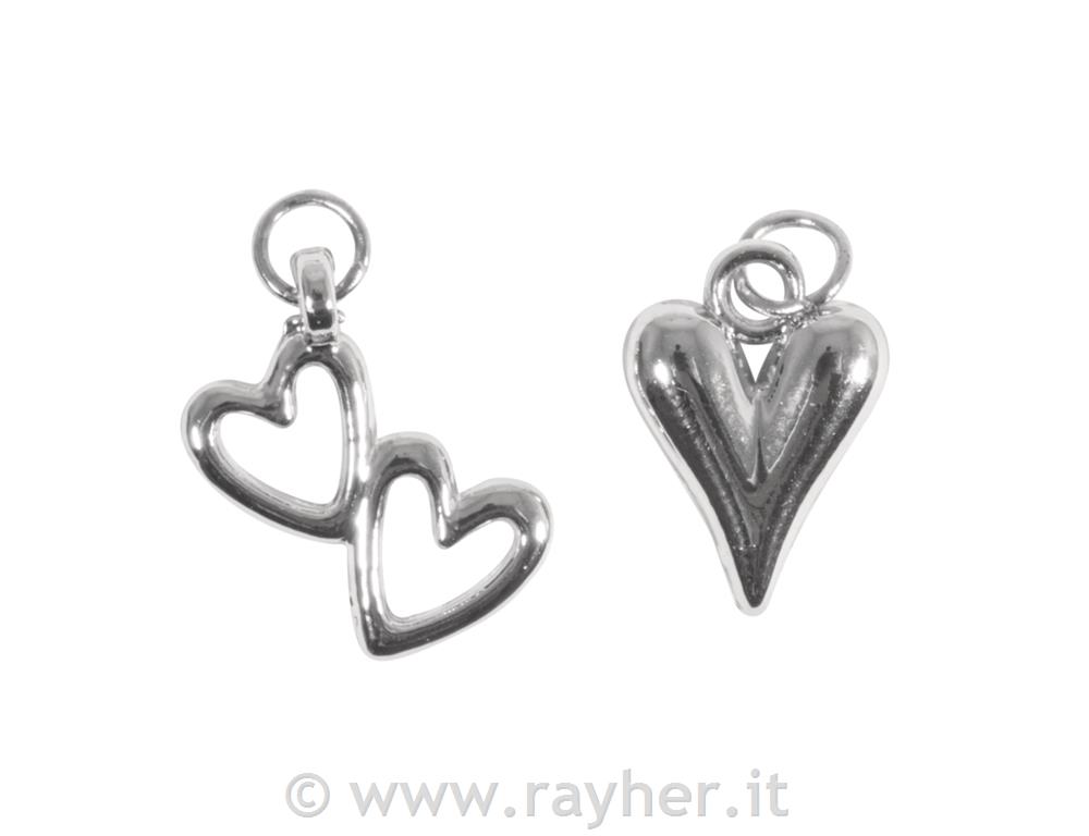 Ciondolo metallico Cuore + doppio cuore,argento, 11x16+10x18mm, anello 5mm, 2 pe