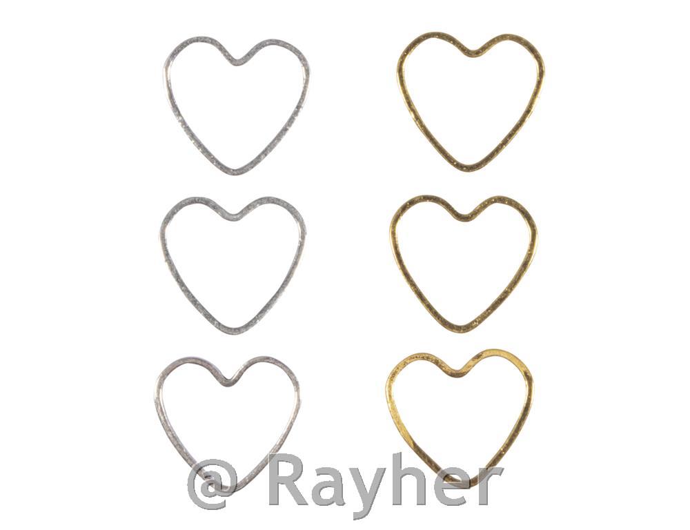 Elemento decorativo cuore,3 oro, 3 argento, 10x11 mm, 6 pezzi