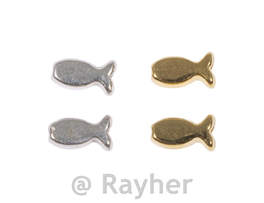 Pesce con perlina in metallo,2 oro, 2 argento, 9x5,2 mm, 4 pezzi