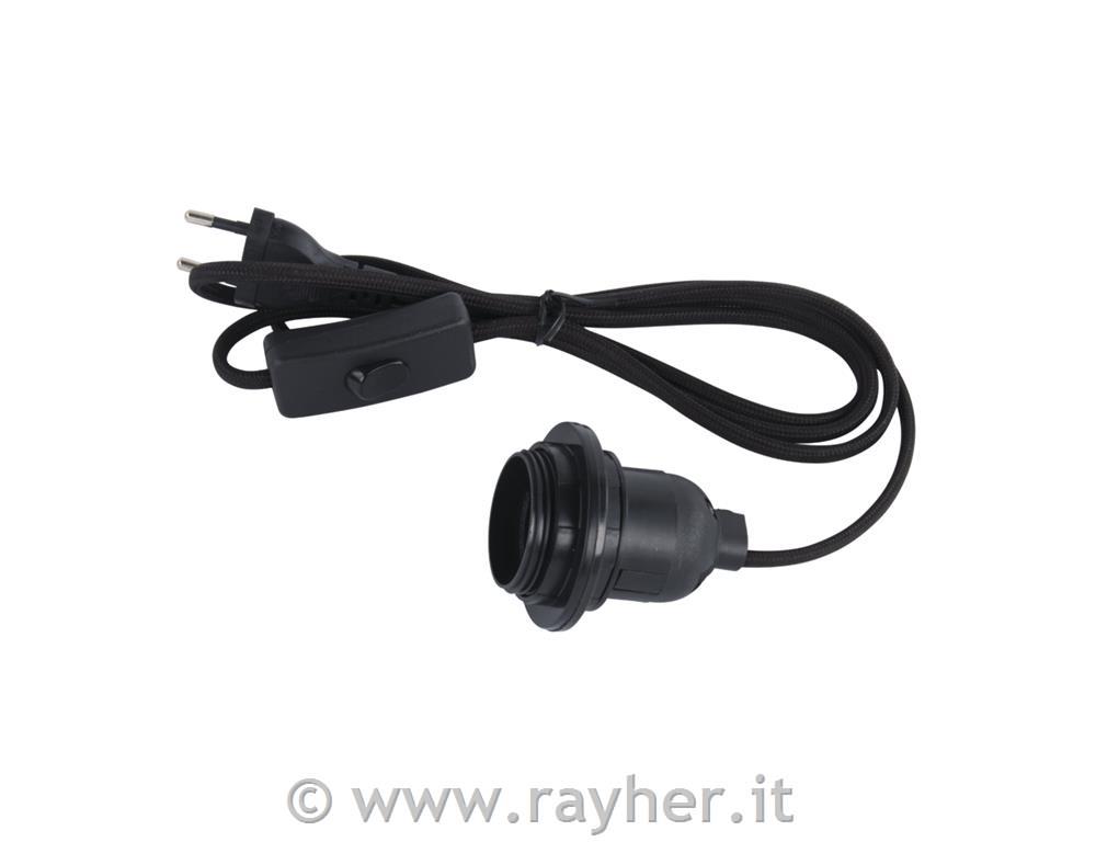 Lamp socket with switch, f. E27 socket180cm, w. ring nut, tab-bag 1pcblack