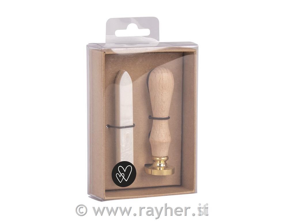 Set za pečat, Srca, 2.5cm,metallic bel, 1 pečat, 1 vosek 12g