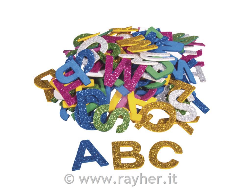 Gommapiuma alfabeto glitter, 3cm, adesivo, bus.blis. 130pz