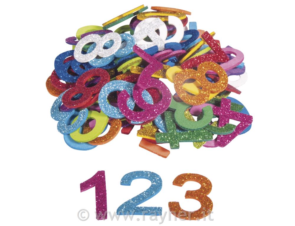 Gommapiuma cifre glitter, 3cm, adesivo,bus.blis. 100pz
