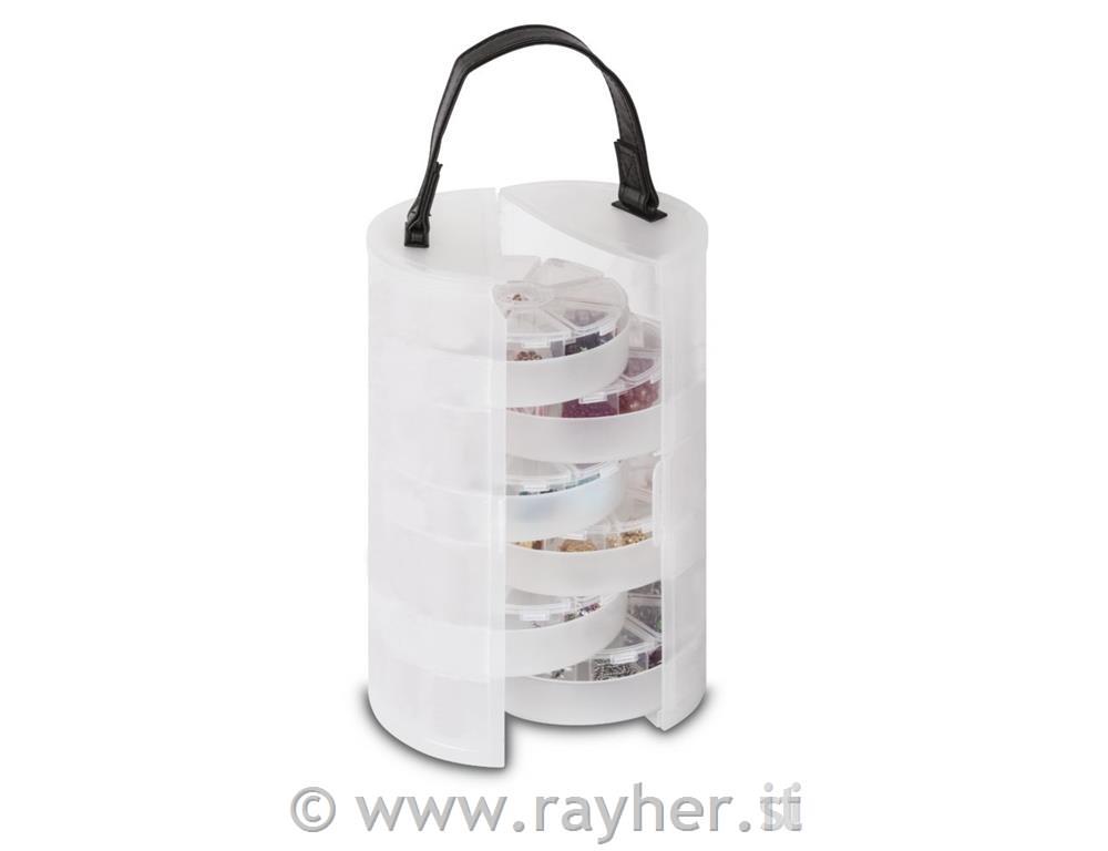 Box assortimento tondo con manico, 13cm, 23cm, incl. 6 inserti á 8 scomparti
